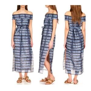 NWT Michael Kors Chambray Tie Dye Off Shoulder Maxi Dress Cotton Blue Small